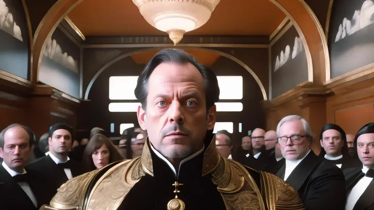 <lora:TerryGilliam:1>Prepare to be enchanted by a surreal gem in this film still by Terry Gilliam. The shot features a handsome Judge in a black Balenciaga Judge's robe, about to pronounce the final decision. The scene unfolds in a whimsical courtroom filled with vibrant colors and imaginative details, reflecting Gilliam's directorial prowess. The atmosphere is charged with a quirky energy, perfectly complementing the Judge's comical persona. The plot revolves around the Judge's unconventional behavior, creating a light-hearted mood. The theme explores the absurdity of the legal system and the influence of appearances.film still,Photorealistic