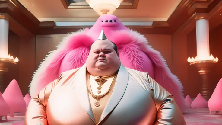 <lora:TerryGilliam:1>35mm photo of an obese nerd in a golden robe with with giant pink weird creatures towering over him. The background setting is a masonic freemason courtroom of pink and black gooey plastic. Eyes Wide Shut Cinematography by Stanley Kubrick, film keyframe