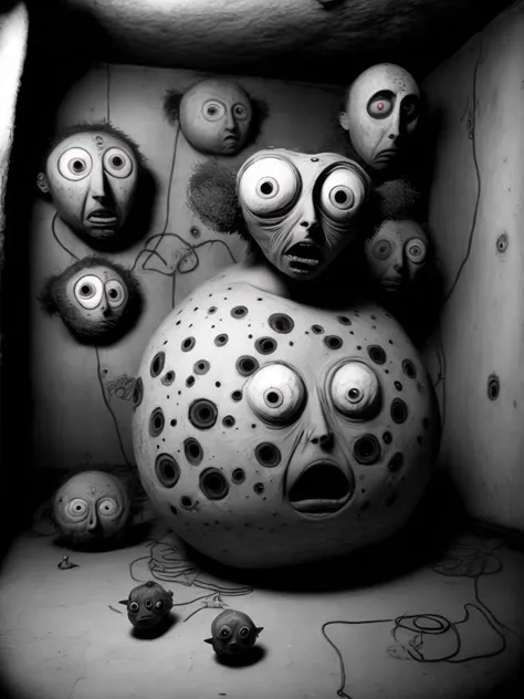 <lora:RogerBallen:1>a body morphed into one big, blobby testament of the truth, multiple eyes and ears, and confusion, bizarre and insanity, museum quality image, styled by roger Ballen