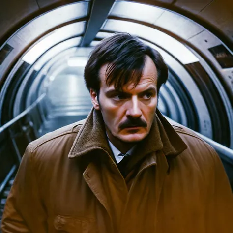 In the dim subway tunnel,A man ran and looked back in a panic,motion blur,Focus on the man's eyes,Light Tone,by Andrei Tarkovsky,<lora:ANDREITARKOVSKY:0.8>,