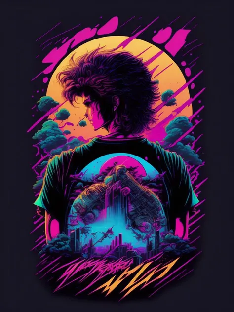 <lora:SynthwaveT-shirt:1>Retrowave abstract design,sticker,Full body shot ,anime style, Trigger Studio style, manga art, comics, inking, graffiti art, graphic, neon colors, golden ratio composition, design for tshirt