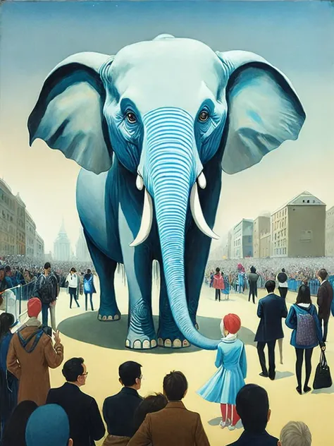 <lora:ShaunTan:1>a painting of a giant blue elephant surrounded by a crowd of people, with a little girl standing in front of it by Shaun Tan
