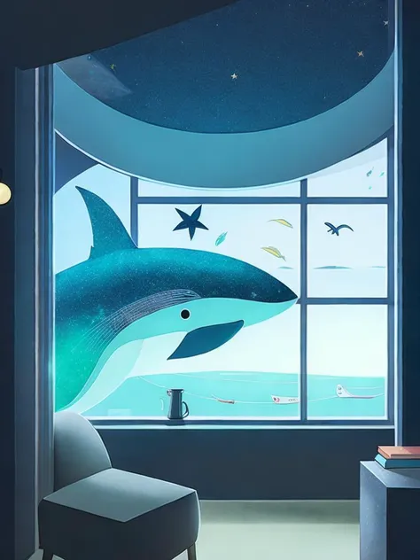 <lora:ShaunTan:1>a small room with a whale and other items inside of it, and a window with a view of the night sky by Shaun Tan