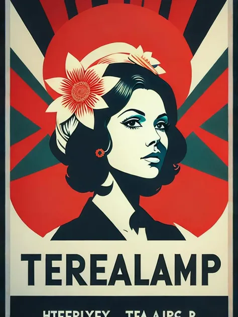 <lora:ShepardFairey:1>a poster of a woman with a flower in her hair and the words trealamp on it by Shepard Fairey