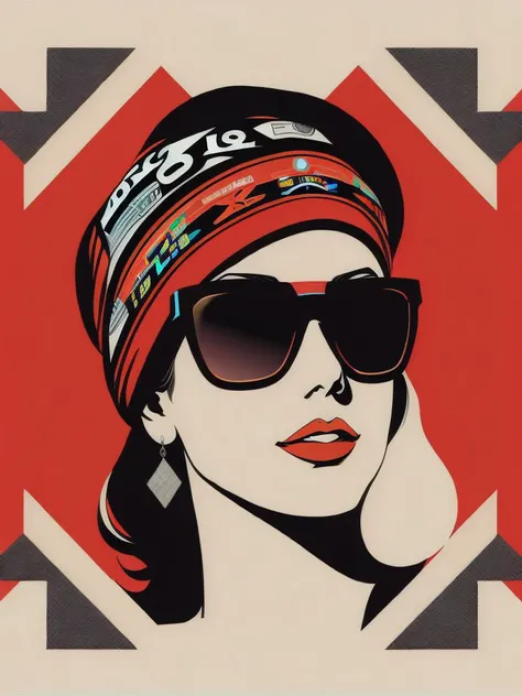 <lora:ShepardFairey:1>an illustration of a woman wearing sunglasses and a bandanna on her head by Shepard Fairey