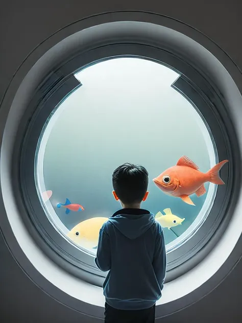 <lora:ShaunTan:1>a boy looking at a fish through a round window in a room filled with stuffed animals by Shaun Tan