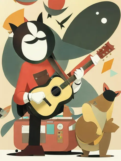 <lora:ShaunTan:1>a cartoon character playing a guitar in front of a group of other cartoon characters by Shaun Tan