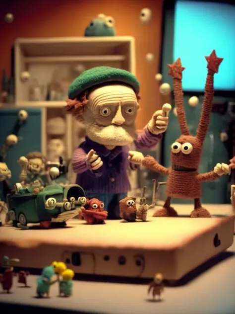 <lora:STOP-MOTIONANIMATION:1>STOP-MOTION ANIMATION style on the counter POVE with a magnificent and zany world behind, everything is claymation