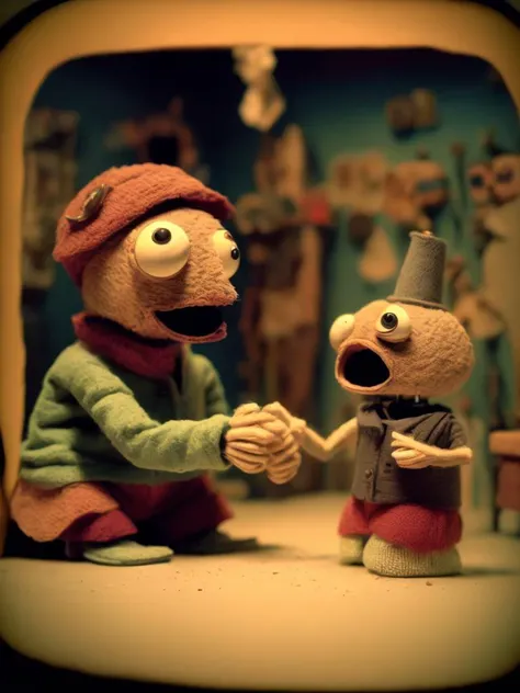 <lora:STOP-MOTIONANIMATION:1>STOP-MOTION ANIMATION style sock puppet theater documentary footage, learning the horrible truth, Kodak 35mm film stock, experimental film