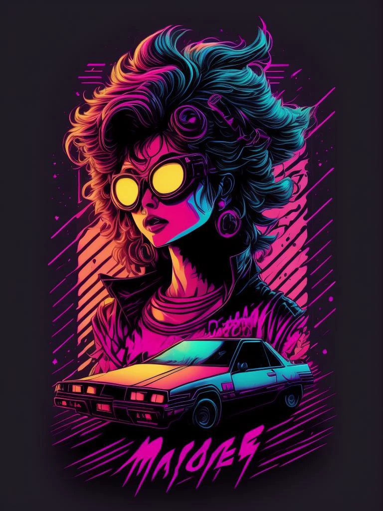 <lora:SynthwaveT-shirt:1>retrowave maya character design,sticker,Full body shot ,anime style, Trigger Studio style, manga art, comics, inking, graffiti art, graphic, neon colors, golden ratio composition, design for tshirt
