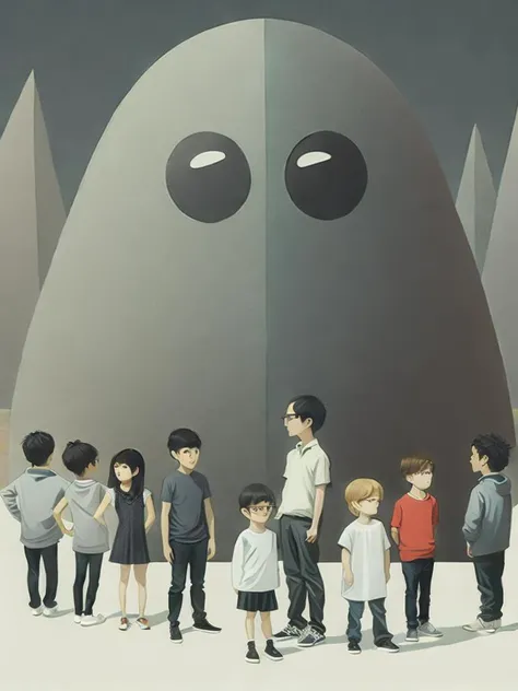 <lora:ShaunTan:1>a group of little kids standing in front of a giant gray creature with eyes by Shaun Tan