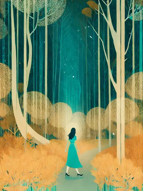 <lora:VictoNgai:1>a painting of a woman walking through a forest with lots of trees and branches by Victo Ngai
