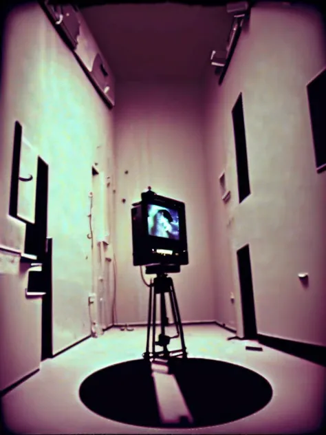 <lora:VIDEOINSTALLATION:1>VIDEO INSTALLATION style super 8 camera footage of a 1970's nighttime room with alien light coming from a hole in floor
