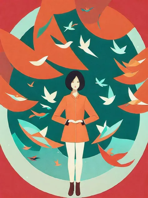 <lora:VictoNgai:1>a painting of a woman standing in front of a large circular object with birds flying around it by Victo Ngai