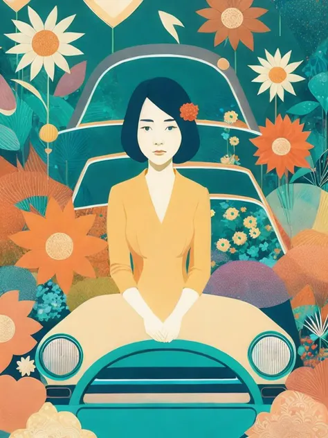 <lora:VictoNgai:1><lora:VictoNgai:1>a painting of a woman sitting in a car with flowers in the background by Victo Ngai