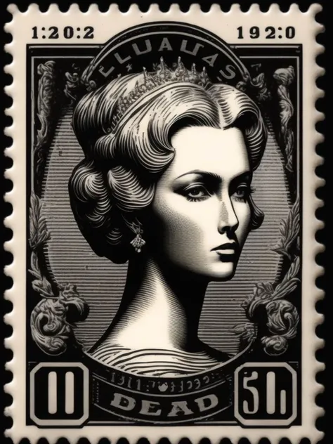 <lora:VintagePostageStamps:1>blond empress head on a stamp. Nineteenth century poster style. . Black and white. Black background. In the style of Dan McPharlin