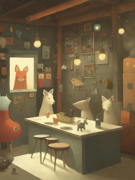 <lora:ShaunTan:1>a painting of animals in a party by Shaun Tan,with a rustic exterior, The drawing showcases the cozy atmosphere that blends seamlessly with its natural surroundings, rustic, quaint, cozy.by Shaun Tan