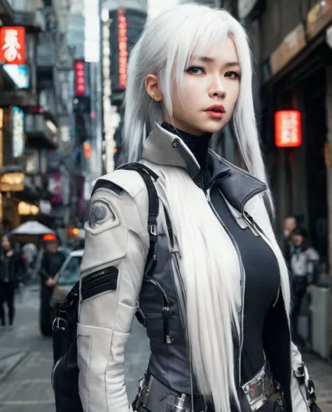 a girl with white hair in the street of neotokyo,dynamic_angle,upper_body,cyberpunk,hdr,hyperdetailed,intricate details,