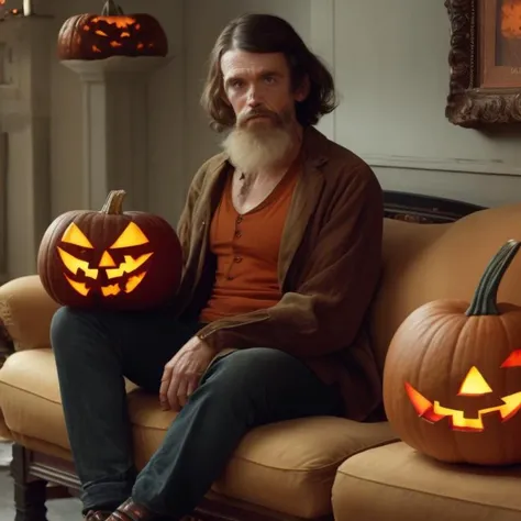 antique vintage hobo gh1slaine, sitting on a couch watching a horror and carving pumpkins at Halloween, sweaty, sad face, depressed, hopeless