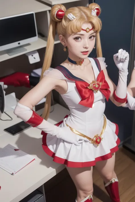 best quality, ultra-detailed, (1girl, solo, <lyco:supersailormoon-v1:1>, supersailormoon, double bun, twintails, circlet, jewelry, earrings, choker, red bow, white gloves, elbow gloves, miniskirt,, standing, red boots , :/,),, in an office cubicle,