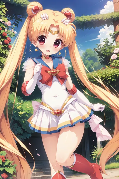 best quality, ultra-detailed, (1girl, solo, <lyco:supersailormoon-v1:1>, supersailormoon, double bun, twintails, circlet, earrings, choker, red bow, white gloves, elbow gloves, miniskirt,, standing, red boots , whiskers,),, in a secret garden,