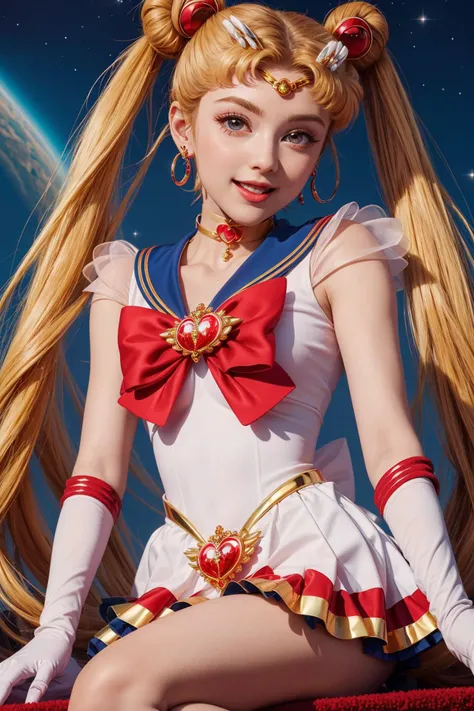 best quality, ultra-detailed, (1girl, solo, <lyco:supersailormoon-v1:1>, supersailormoon, double bun, twintails,  circlet, jewelry, earrings, choker, red bow, white gloves, elbow gloves, miniskirt,, sitting, :D,),, on the red carpet,