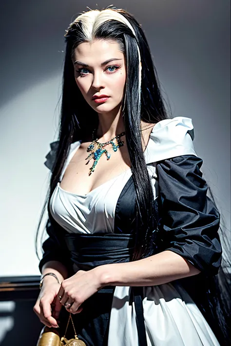((masterpiece)), (best quality), perfect anatomy, highres, detailed, (8k), photorealistic,best quality, ultra highres, ((detailed face)),
<lyco:yvonnedecarlo_lycoris_01-000003:0.9>, 1girl, yvonnedecarlo-smf, solo, black and white hair, long hair, realistic, two-tone hair, dress, upper body, lips, necklace, jewelry, looking to the side, pale skin, sleeves