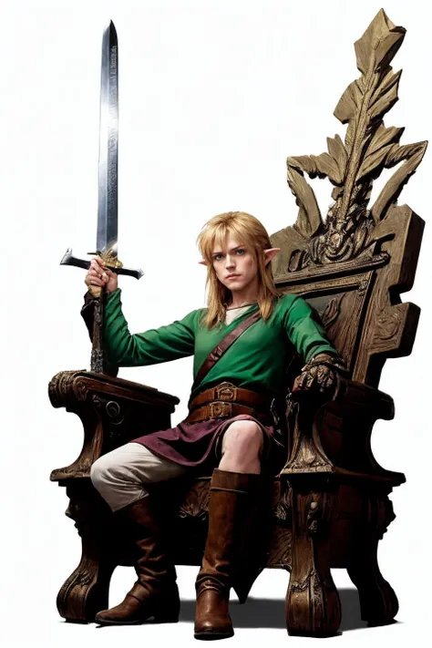 full body shot link from legend of zelda as d3v1l5b  sitting on a large throne holding the sword aloft  <lora:David Bowie from Labyrinth_d3v1l5b:0.8>