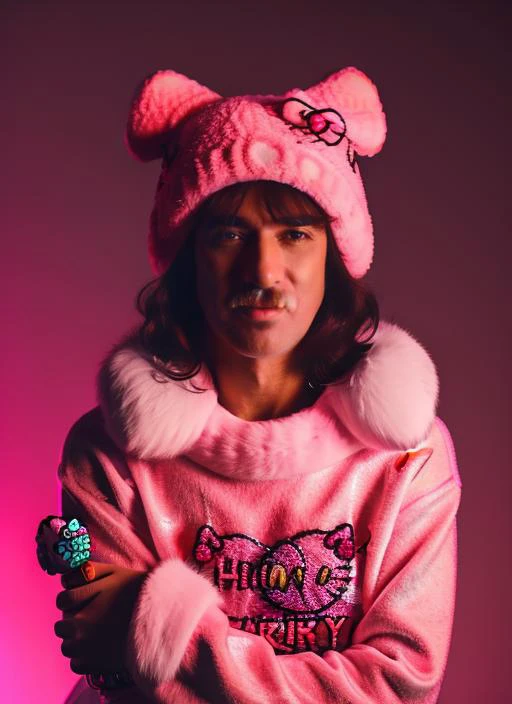 portrait of sks man (g4rcia:1) dressed with a (Hello KItty fur hat:1.3), neon lights in background, high detailed face, 4k, 8k, cinematic, <lora:g4rcia:1>