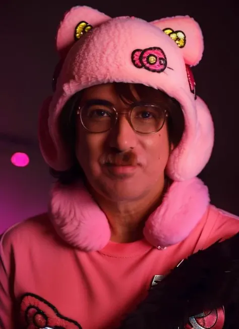 portrait of sks man (g4rcia:1) dressed with a (Hello KItty fur hat:1.3), neon lights in background, high detailed face, 4k, 8k, cinematic, <lora:g4rcia:1>