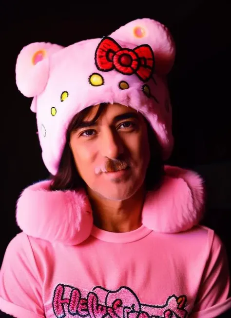 portrait of sks man (g4rcia:1) dressed with a (Hello KItty fur hat:1.3), neon lights in background, high detailed face, 4k, 8k, cinematic, <lora:g4rcia:1>