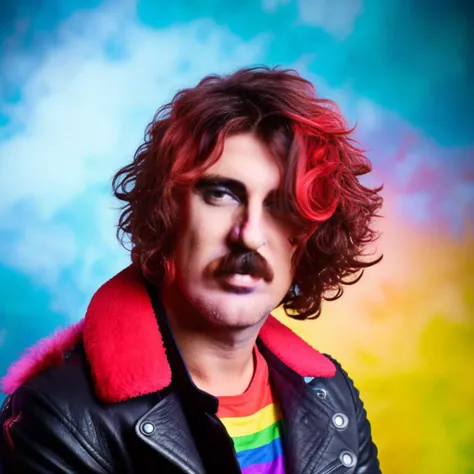portrait of man (g4rcia:1) with red leather jacket and bicolor moustache, heavy punk haircut with rainbow color, middle body, 8k <lyco:locon_perfecteyes_v1_from_v1_64_32:0.9> <lora:g4rcia:1>
