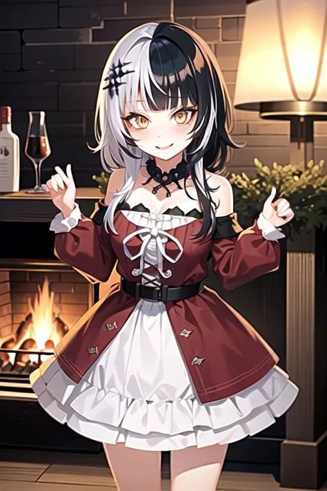 1girl, shiori_novella, long two-tone hair, red dress, fireplace back ground,