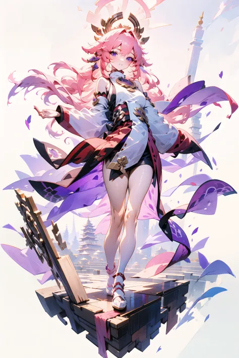 <lora:beautifulDetailedEyes_v10:0.3>,  (masterpiece), pink hair, long hair, purple eyes, temple background, goddess, <lora:gachaSplashLORA_v40:1>, [(white background:1.5), ::5], (long shot), isometric, full body,<lora:yaeMikoRealisticAnime_offset:1.0>