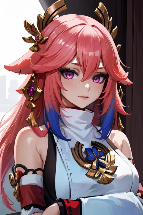 Highly detailed, High Quality, Masterpiece, beautiful, solo, 1girl, upper body, <lora:DipDyedHair:1>, (blue IncursioDipDyedHair:1.3), yae miko, pink eyes, long hair, pink hair, animal ears, <lora:Char_GenshinImpact_YaeMiko:0.75>