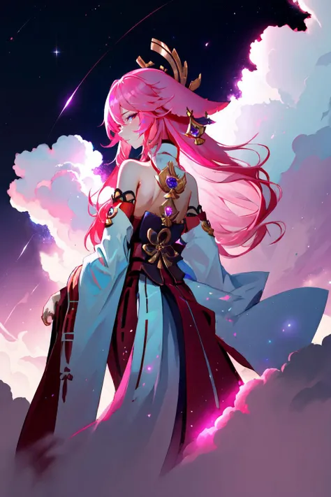 Highly detailed, High Quality, Masterpiece, beautiful, <lora:FallenMJStyle:1>, yae miko, long hair, pink hair, animal ears, <lora:Char_GenshinImpact_YaeMiko:1>, starry, strry light, night, colorful, cloud, star \(sky\), from behind, looking back,