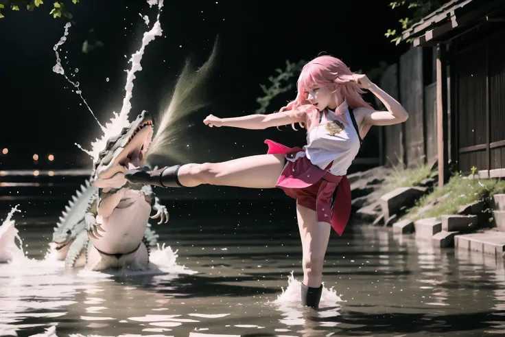 High Quality, Masterpiece, 1girl, IncrsAllgtrMeme, crocodile, kicking, water, standing on one leg, <lora:KickingAlligatorMeme:1>, yae miko, pink eyes, long hair, pink hair, animal ears, <lora:Char_GenshinImpact_YaeMiko:1>