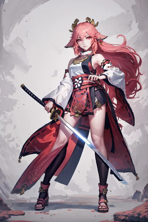 High Quality, Masterpiece, 1girl, solo, KatanaOneHand, holding, <lora:UBWKatanaOneHand:1>, blade across body, blade down, blade right hand, yae miko, pink eyes, long hair, pink hair, animal ears, <lora:Char_GenshinImpact_YaeMiko:0.75>