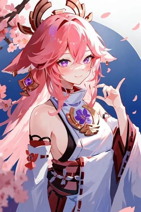 yae miko, 1girl, \n/, animal ears, bare shoulders, blush, breasts, cherry blossoms, closed mouth, detached sleeves, earrings, flower, fox ears, gem, hair between eyes, hair ornament, hand up, japanese clothes, jewelry, kimono, long hair, looking at viewer, medium breasts, miko, nontraditional miko, pink eyes, pink flower, pink hair, purple gemstone, short kimono, sidelocks, smile, solo, upper body, white kimono, ((masterpiece))   <lora:yae_miko_offset_9_6:1>