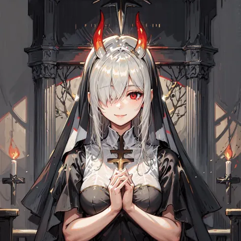masterpiece, best quality,1girl, light smile,meierjiya,red eyes,horns,halo,mature female, hair over one eye, cross,church,nun, own hands together,