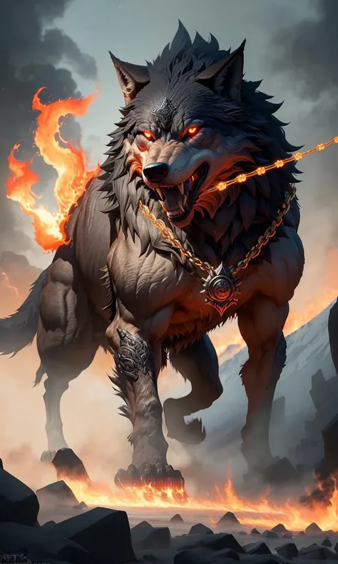 fenrir2023, 1 giant wolf, smoke, fog, flames, Ragnarok, gold chains, glowing eyes, sharp teeth, fantasy setting, 8k, uhd, masterpiece, detailed, chained, trending on artstation, 4 legs, Vikings, pixar style