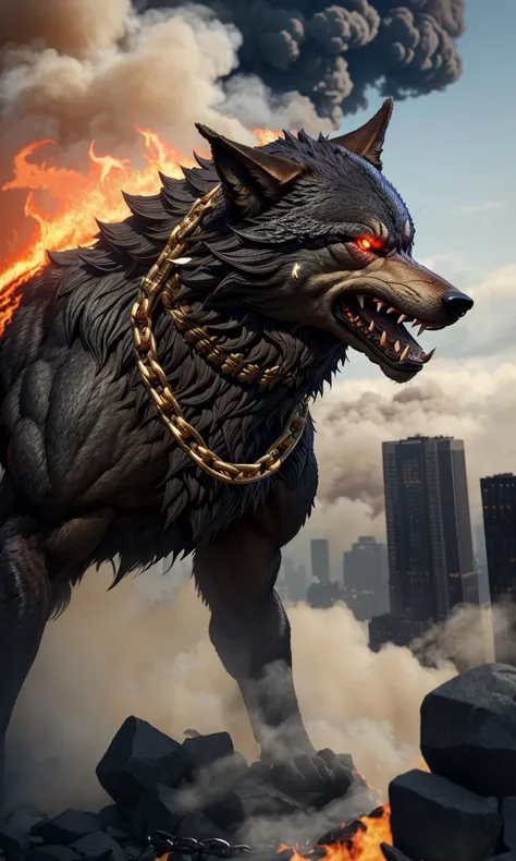fenrir2023, 1 giant wolf over new york city, smoke, fog, flames, Ragnarok, gold chains, glowing eyes, sharp teeth,  8k, uhd, masterpiece, detailed, chained, trending on artstation, 4 legs,