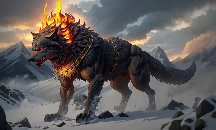 fenrir2023, flaming giant wolf on mountain, blue flames, sword in snout, flames, Ragnarok, gold chains, glowing eyes, sharp teeth, fantasy setting, 8k, uhd, masterpiece, detailed, chained, trending on artstation, landscape, 4 legs