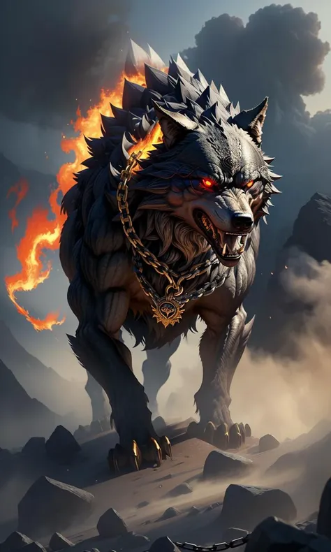 fenrir2023, 1 giant wolf, smoke, fog, flames, Ragnarok, gold chains, glowing eyes, sharp teeth, fantasy setting, 8k, uhd, masterpiece, detailed, chained, trending on artstation, 4 legs, Vikings