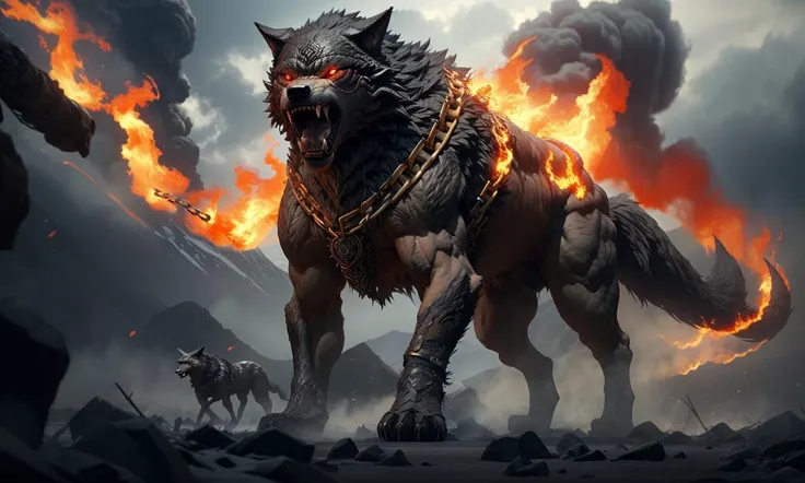 fenrir2023, flaming giant wolf,smoke, fog, sword in snout, flames, Ragnarok, gold chains, glowing eyes, sharp teeth, fantasy setting, 8k, uhd, masterpiece, detailed, chained, trending on artstation, landscape, 4 legs, vikings