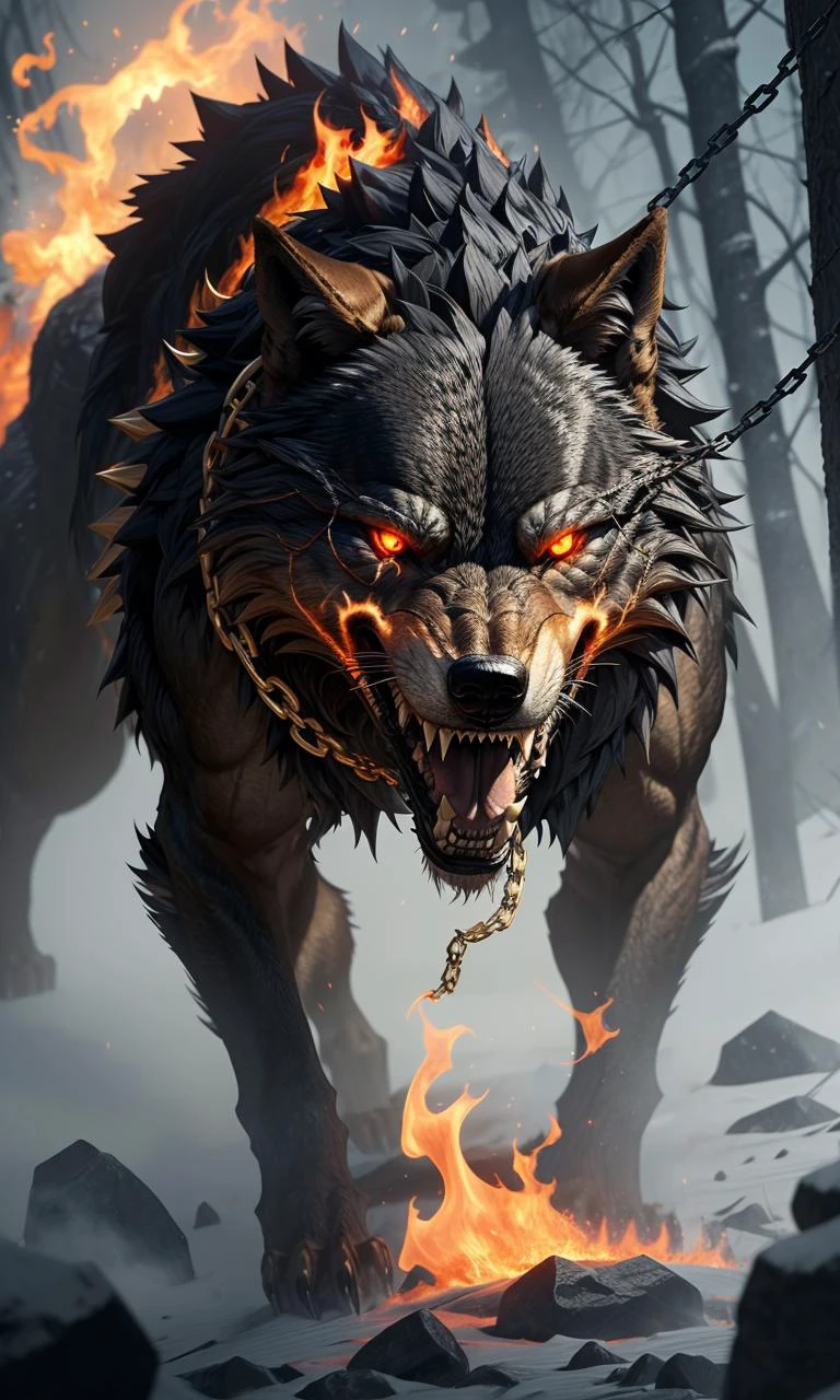 fenrir2023, giant wolf, flames, Ragnarok, gold chains, glowing eyes, sharp teeth, fantasy setting, 8k, uhd, masterpiece, detailed, chained, trending on artstation, fur