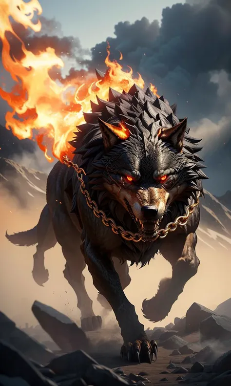 fenrir2023, 1 giant wolf, smoke, fog, flames, Ragnarok, gold chains, glowing eyes, sharp teeth, fantasy setting, 8k, uhd, masterpiece, detailed, chained, trending on artstation, 4 legs, Vikings