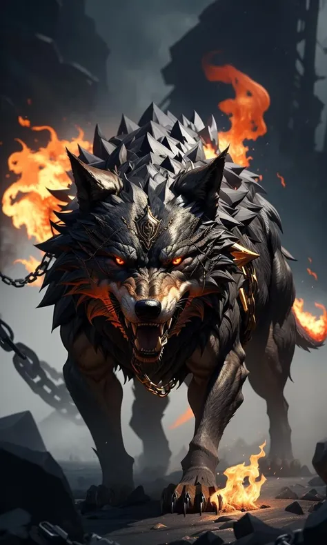 fenrir2023, giant wolf, flames, Ragnarok, gold chains, glowing eyes, sharp teeth, fantasy setting, 8k, uhd, masterpiece, detailed, chained, trending on artstation, fur