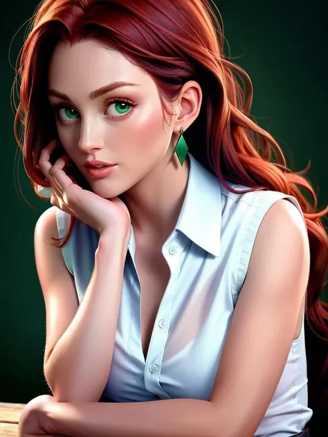 Realistic photo of a beautiful jul14nn3m woman, 1girl, solo, long hair, looking at viewer, simple background, red hair, shirt, jewelry, green eyes, upper body, earrings, parted lips, sleeveless, lips, hand in own hair, realistic), soft lighting, professional Photography, Photorealistic, detailed, RAW, analog, sharp focus, 8k, HD, high quality, masterpiece<lora:jul14nn3m:1.0>