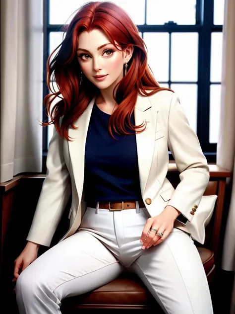 Realistic photo of a beautiful jul14nn3m woman, 1girl, solo, long hair, looking at viewer, smile, red hair, jewelry, sitting, pants, spread legs, lips, ring, head rest, realistic, white pants, soft lighting, professional Photography, Photorealistic, detailed, RAW, analog, sharp focus, 8k, HD, high quality, masterpiece<lora:jul14nn3m:1.0>